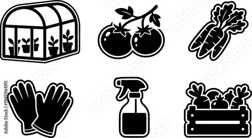 Black and white vector icons of greenhouse with plants tomatoes carrots gardening gloves spray bottle and vegetable crate set