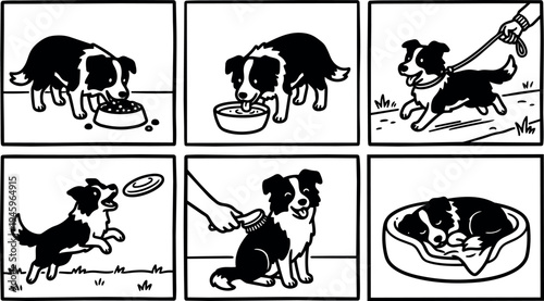 Black and white comic style dog eating drinking walking catching frisbee being brushed and resting in bed illustration