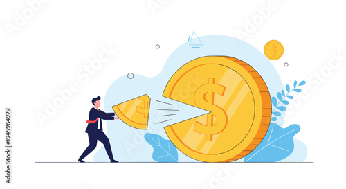Businessman taking a triangular slice out of a giant golden dollar coin representing profit sharing budget division or financial loss.