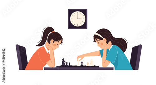 Two young girls focused on a game of chess while sitting at a table with a clock on the wall during a mental competition or practice.