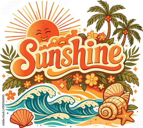 Summer beach holiday background with sun palm trees ocean waves tropical island landscape and flowers vector illustration