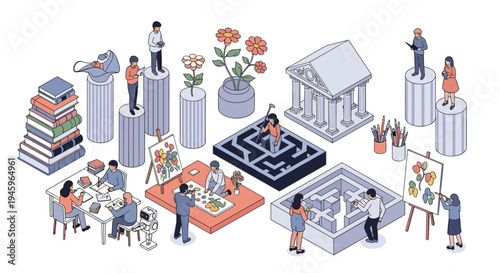 Diverse educational and artistic activities including painting music library research banking and problem solving in an isometric campus setting.