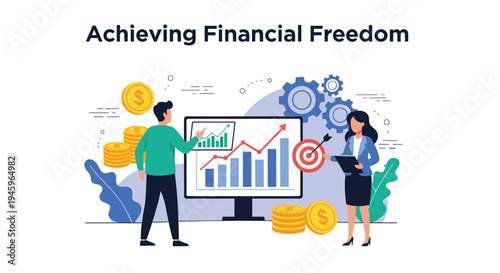 Successful business professionals standing before a financial growth chart and gold coins under the text Achieving Financial Freedom.