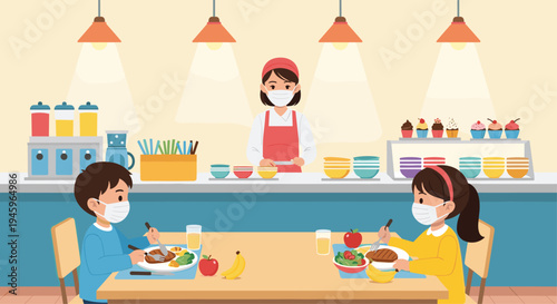 Children wearing face masks having lunch in a clean school cafeteria while a canteen worker serves food behind the counter for hygiene.