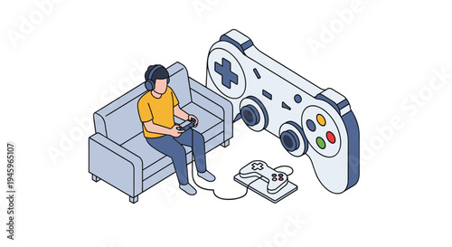 Young man sitting on a sofa and playing a video game using a handheld device next to a giant symbolic game controller in isometric style.