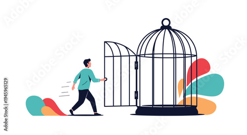 Courageous man walking out of an open giant birdcage towards colorful freedom representing liberation growth and escaping from personal limits.