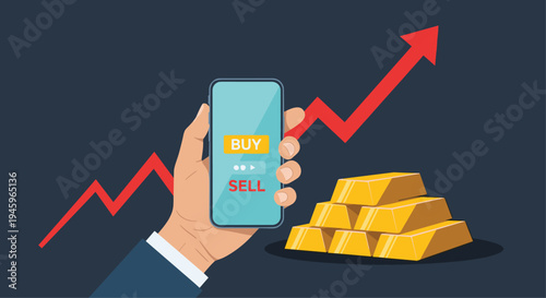 Professional hand holding a smartphone to buy or sell gold with a rising red arrow graph and gold bars representing a profitable market.