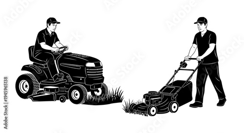 Two men operating lawn care equipment in a black and white illustration
