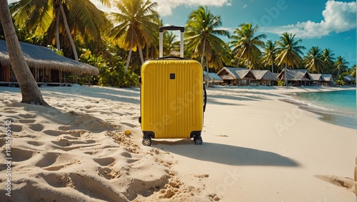 Travel suitcase on sand path under palms, golden sunset, romantic getaway offer, tourism promo, luxury trip ad, last minute discount, space for agency price or text.