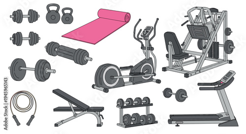 Comprehensive set of various gym equipment icons including dumbbells treadmill stationary bike yoga mat and weight machines for fitness training.