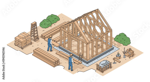 Workers building the wooden frame structure of a new house on a construction site with building materials and tools in an isometric view.