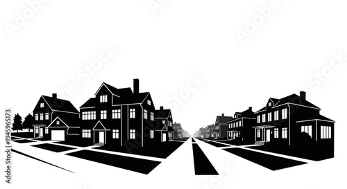 A black and white illustration of a suburban street with houses