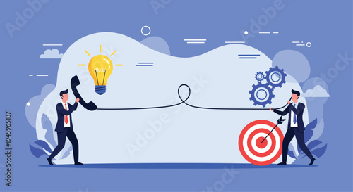 Two businessmen communicating through long phone wire connecting creative idea with business target for successful achievement.
