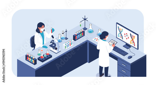 Professional scientists conducting genetic research in modern laboratory with microscope and DNA models on computer screen.