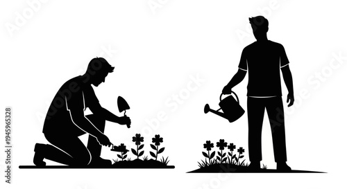 Two gardeners tending to flowers in a black and white illustration