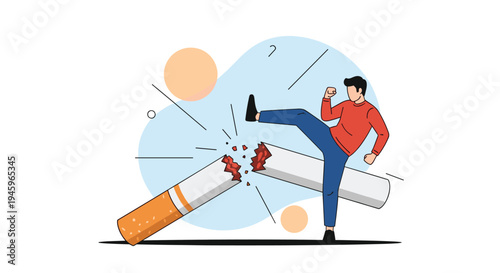 Determined man kicking and breaking giant cigarette representing successful attempt to quit smoking for healthier lifestyle choice.