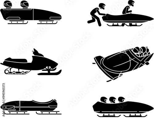 Collection of black silhouette icons depicting various winter sports equipment and activities, including bobsleds, luge, and a snowmobile.