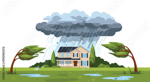 Severe storm with heavy rain and strong winds causing potential damage to suburban house and blowing trees in backyard.