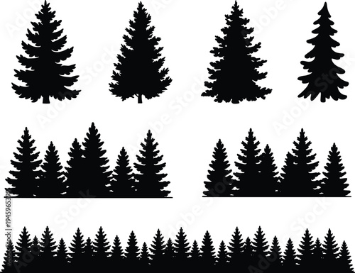 Pine tree silhouettes collection, forest line illustration, coniferous botanical shapes, clustered woodland graphics, landscape design resource, ecology vector elements