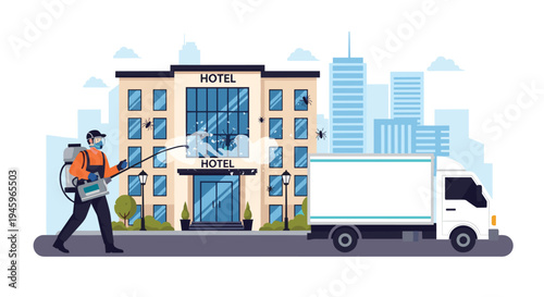 Professional pest control worker in protective gear spraying hotel building with pesticide to eliminate insect infestation in city.