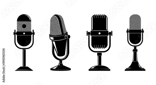 Four vintage style microphones displayed in a black and white illustration