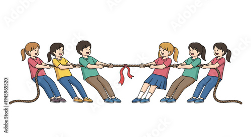 Group of happy children playing tug of war on white background representing teamwork strength and friendly competition in school.