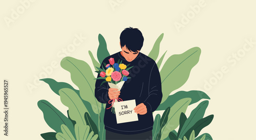 Sad man holding bouquet of flowers and note saying I am sorry representing apology regret and reconciliation in relationship.