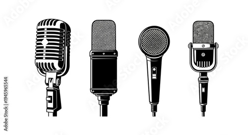 A collection of vintage and modern microphone designs in black and white