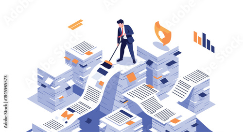 Stressed businessman using broom to clean up massive piles of paperwork and documents representing office organization and productivity.