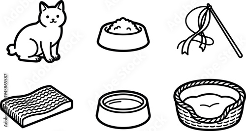 Minimalist line art cat sitting with food bowl scratching pad toy stick and cozy pet bed set vector icons