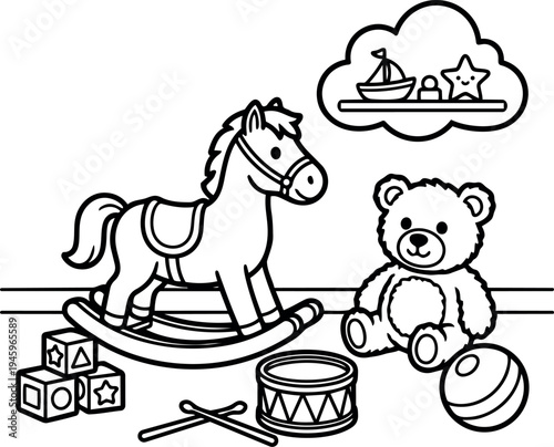 Black and white line art of rocking horse teddy bear ball drum toy blocks children playroom simple minimalist design
