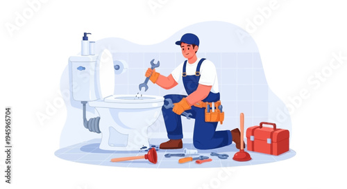 A plumber repairs a toilet in a tiled bathroom setting
