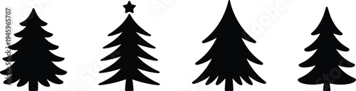 Stylized evergreen tree silhouettes, holiday pine vector, winter forest design, black nature illustration, festive scenery, outdoor landscape art, seasonal decoration graphicStylized evergreen tree si