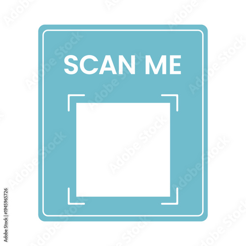 QR code placeholder frame with scan me message. Minimal blue vector template for inserting QR code in mobile apps, packaging and marketing materials