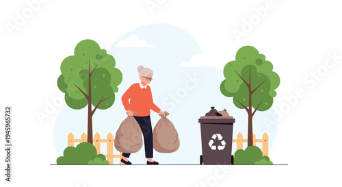 Senior woman carrying heavy trash bags to recycle bin in garden with trees and fence promoting environmental sustainability.