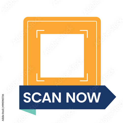 QR code scan frame with scan now call to action banner. Modern orange and blue vector label template with placeholder for inserting QR code in apps, packaging and marketing materials