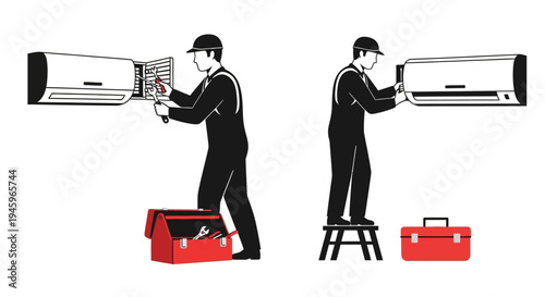 Technicians installing or repairing a split system air conditioner unit