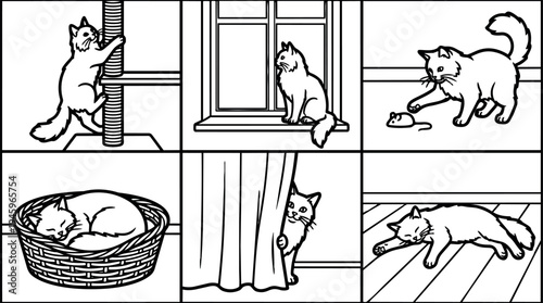 Black and white line art six panels showing playful curious and sleeping cats climbing scratching post sitting windowsill catching mouse hiding behind curtain and resting on floor
