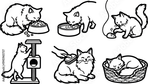 Black and white line art of fluffy cat eating drinking playing scratching and sleeping in basket vector illustration