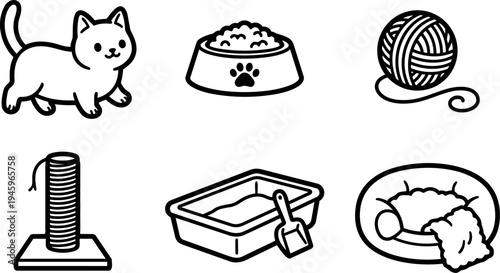 Minimalist black and white vector illustration set of playful cat food bowl yarn scratching post litter box and cozy bed icons