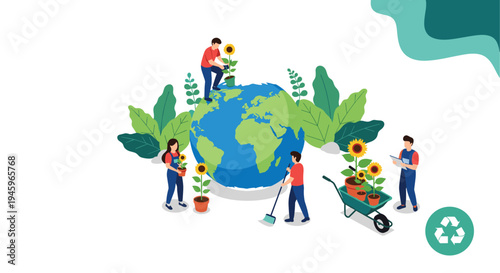 Group of diverse people planting sunflowers and cleaning globe representing global environmental protection and reforestation efforts.