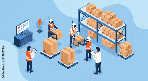 Robots and humans collaborating in smart warehouse for efficient package sorting and logistics management using automated technology.