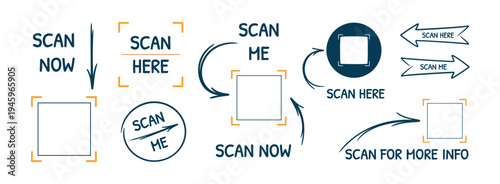 QR scan call-to-action elements set. Scan now, scan here and scan me labels with arrows and QR code frames. Modern minimal vector templates for mobile apps and websites