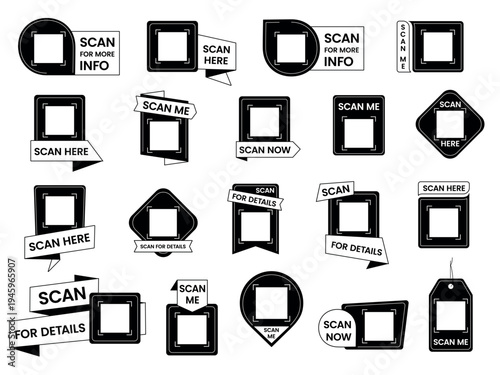 Set of black and white QR scan badges, banners and tags with call to action messages. Modern minimal vector templates for smartphone scanning and digital interaction
