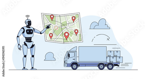 Advanced humanoid robot pointing at a digital map with location pins to coordinate automated logistics and truck delivery services.