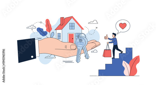 Giant hand holding a new house and set of keys while a happy man with shopping bags climbs stairs toward his dream home.