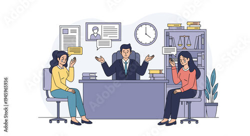 Legal professional or judge mediating a dispute between two upset women in a law office to reach a fair and just settlement.