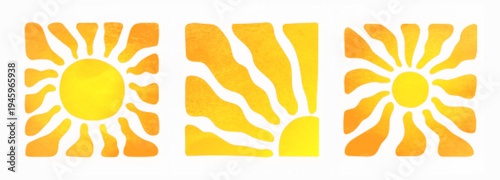 Set of summer sun shapes in watercolor style.  Watercolor texture, orange red color of sunset, dawn. Vector illustration isolated on white background.