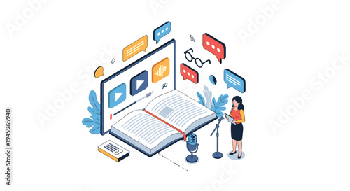Professional woman recording an educational podcast or audiobook with a microphone and large digital book surrounded by media icons.