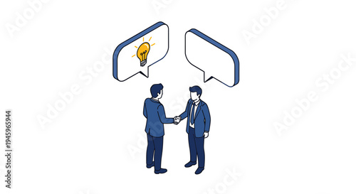Two businessmen shaking hands with speech bubbles showing a bright lightbulb, symbolizing a successful partnership and new creative ideas.